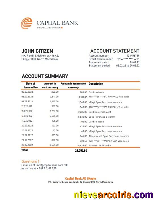 North Macedonia Capital Bank statement Excel and PDF